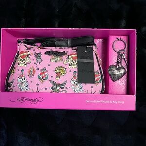 Ed Hardy Pink Tattoo-Inspired Small Handbag/ Wristlet and Key Ring Set